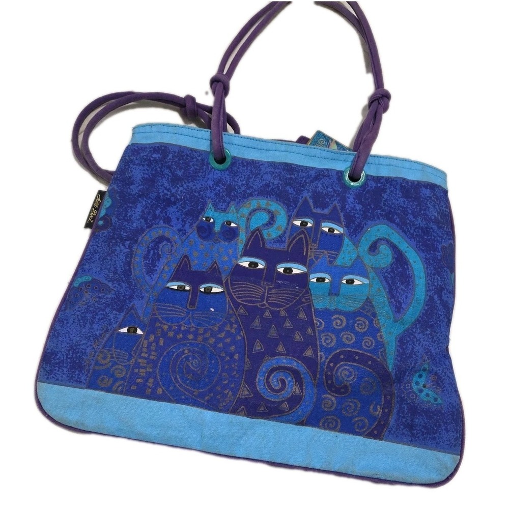 Laurel Burch Blue Indigo Cats Painted Canvas Bag  Double Handle Purse Tote - Picture 7 of 7